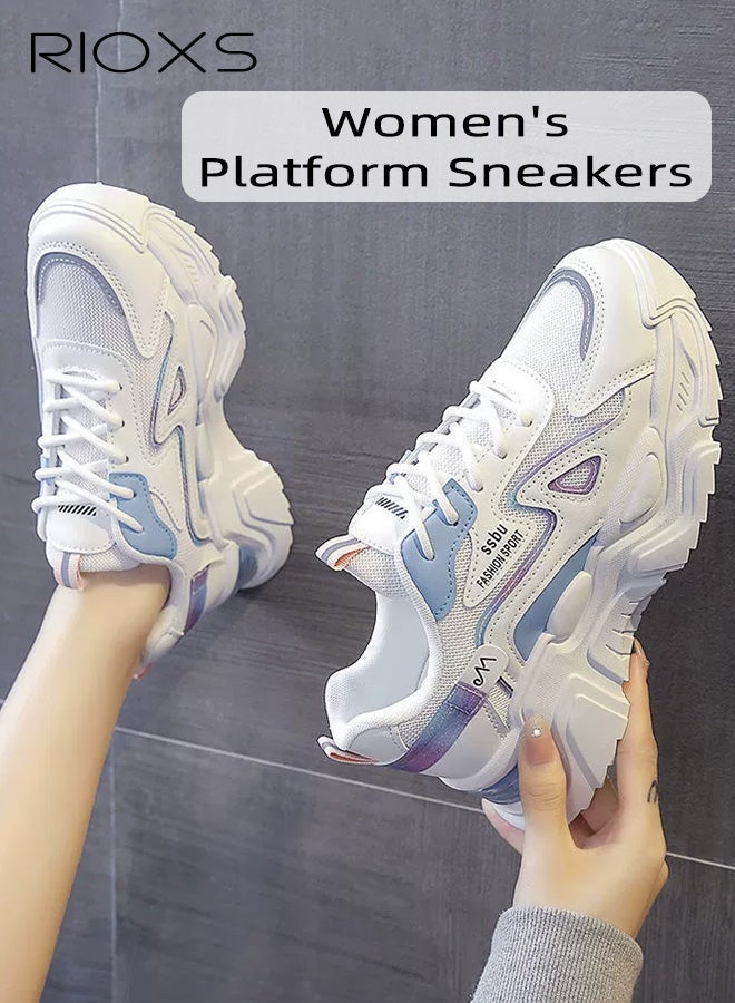 ريوكس حذاء رياضي نسائي بقاعدة سميكة، حذاء رياضي بقاعدة سميكة 5 سم للسيدات، حذاء رياضي مريح وقابل للتنفس، حذاء خفيف الوزن برباط للمشي، حذاء رياضي عصري غير رسمي بنعل مانع للانزلاق للارتداء في الشارع، الجري والركض والمشي والتمارين الرياضية والملابس اليومية، حذاء رياضي أزرق وأبيض - Image 3